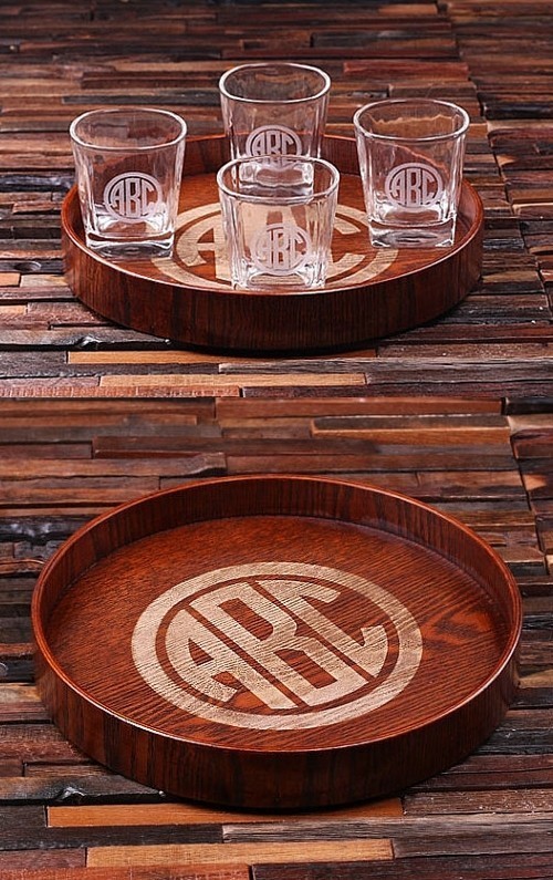 Circle Monogram Grand Tray Set with 4 Whiskey Rocks Glasses