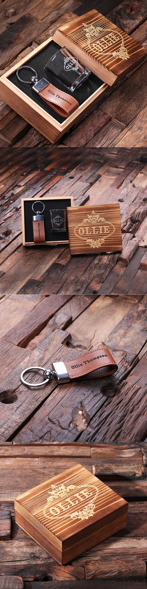 Personalized 3 pc. Gift-Set with Shot Glass & Key Chain in Wood Box