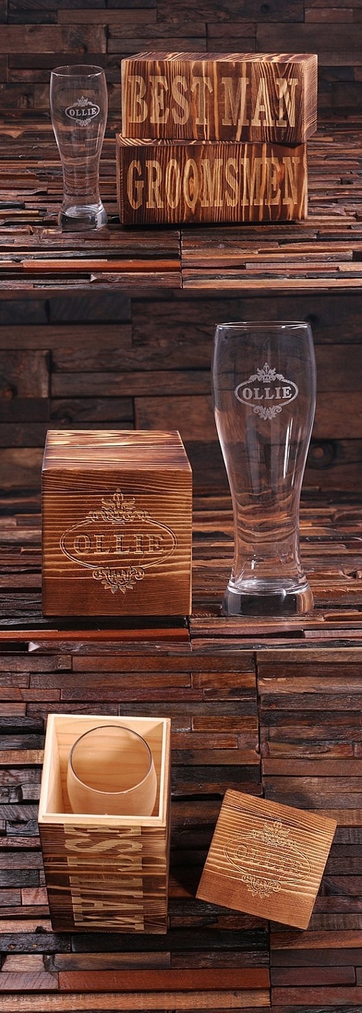 Personalized 24 oz Pilsner Beer Glass with Groomsmen Keepsake Wood Box
