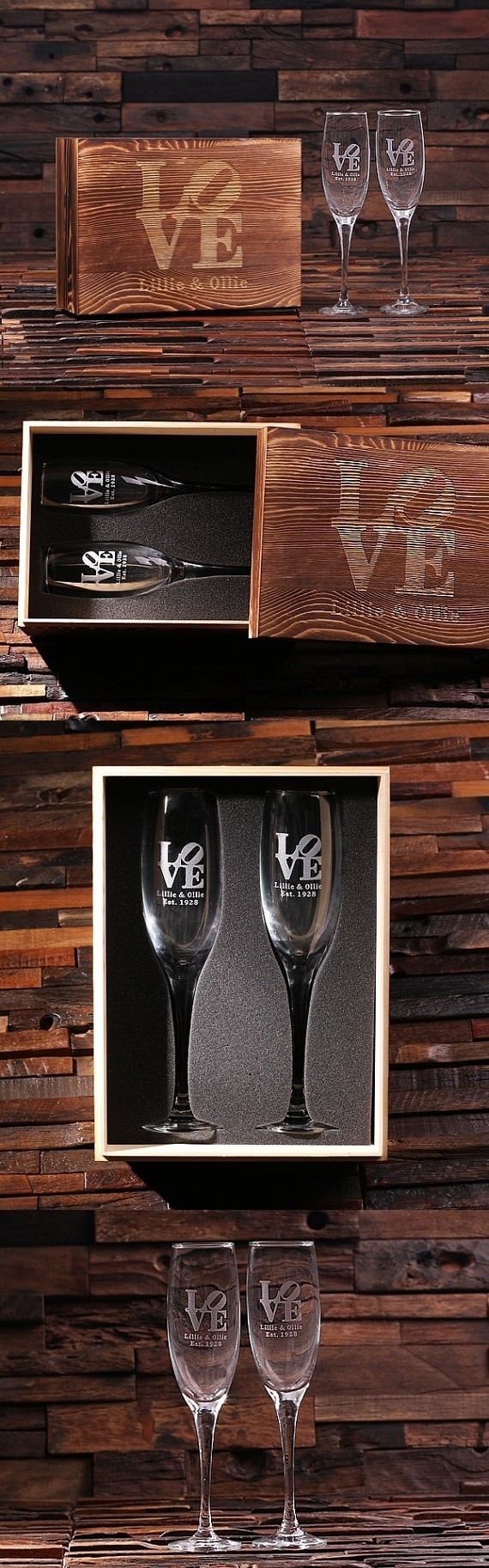 Personalized Stacked Love Design Champagne Glasses in Wood Gift-Box