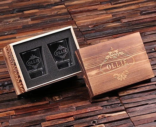 Personalized 8 oz. Whiskey Glasses Set with Wooden Gift-Box