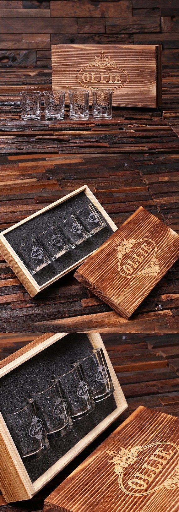 Personalized Set of 4 Shot Glasses in Keepsake Wooden Gift-Box