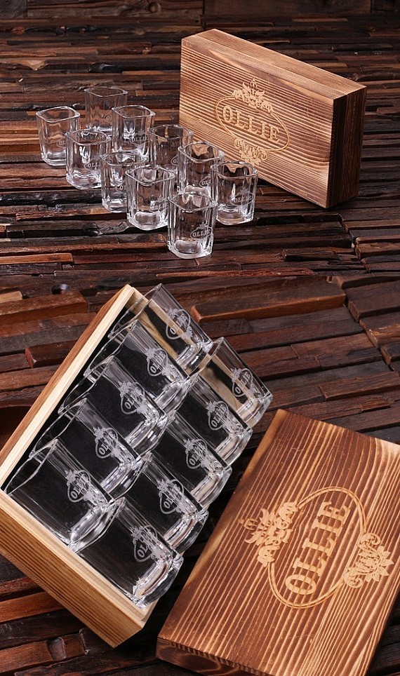 Personalized Set of 10 Shot Glasses in Keepsake Wood Gift-Box