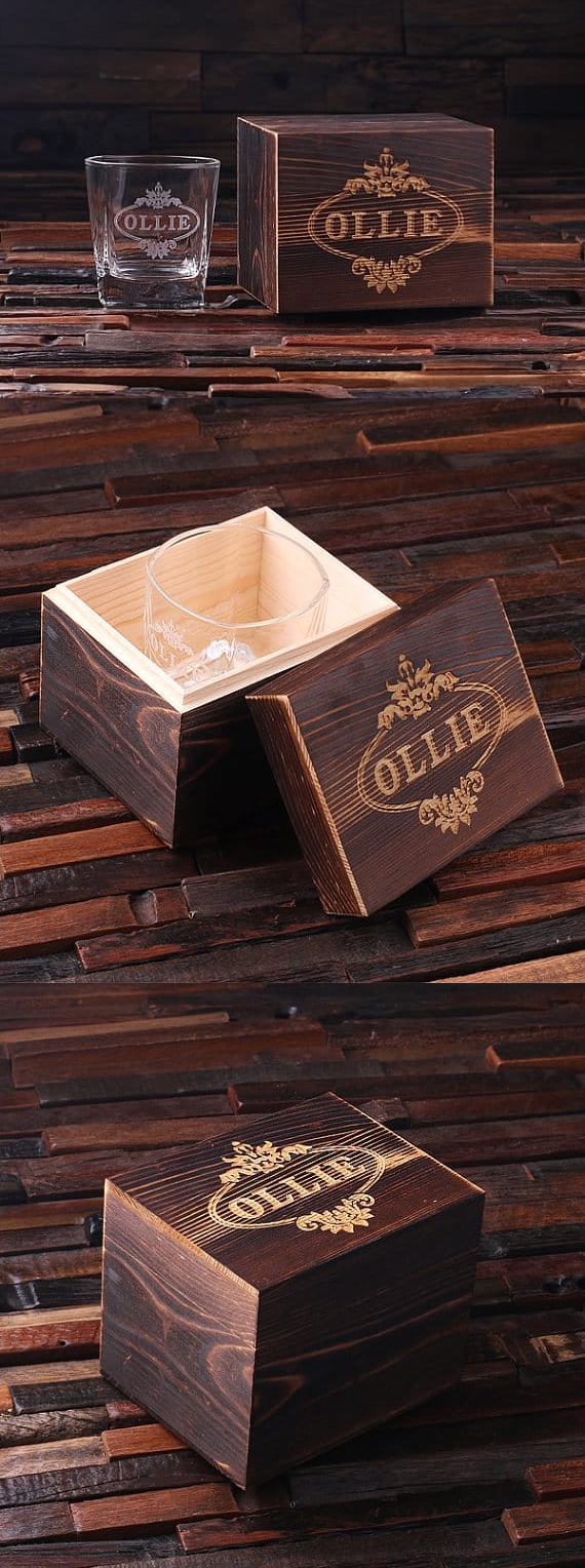 Personalized 8 oz Whiskey Scotch Glass Set with Wood Box