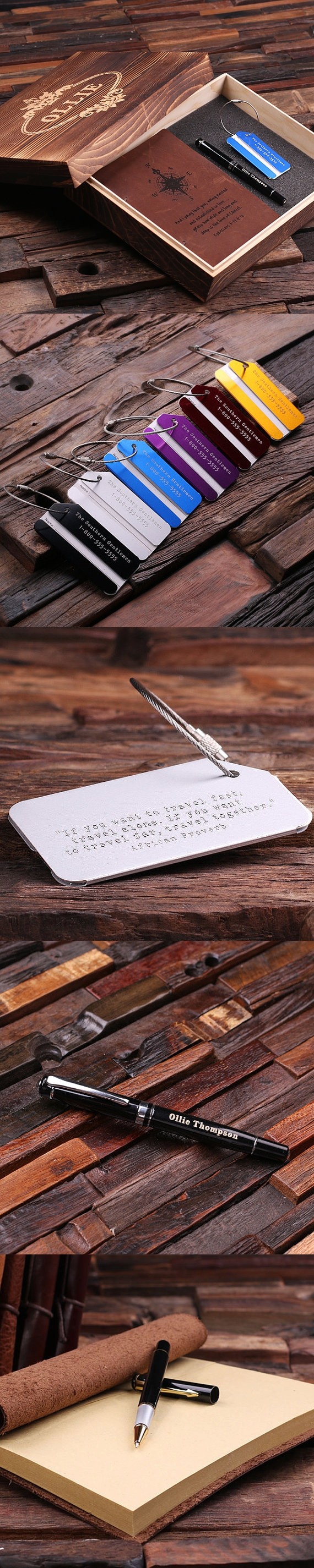 Personalized Gift-Set with Journal, Pen and Luggage Tag in Wood Box