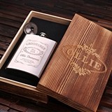 Personalized 8oz Steel Flask w/ Funnel in Wood Box (5 Vintage Designs)