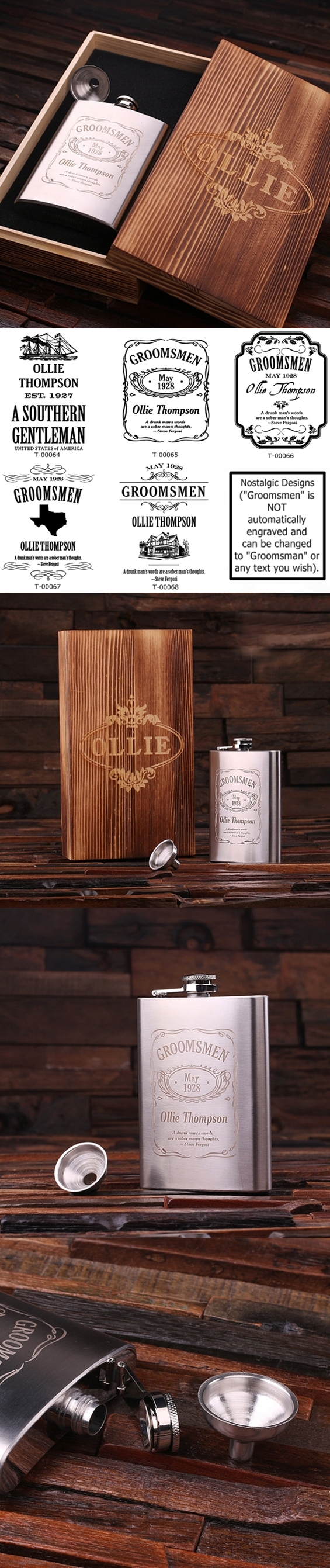 Personalized 8oz Steel Flask w/ Funnel in Wood Box (5 Vintage Designs)