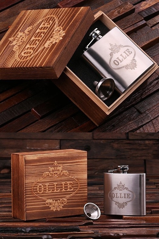 Personalized 5 oz Stainless Steel Flask with Funnel in Wooden Gift-Box