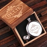 Personalized 5 oz Stainless Steel Round Flask with Funnel in Wood Box