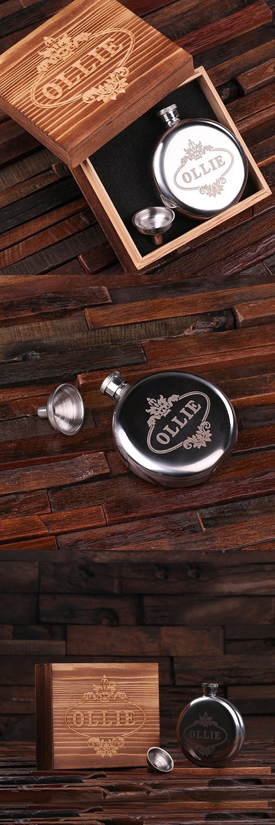 Personalized 5 oz Stainless Steel Round Flask with Funnel in Wood Box
