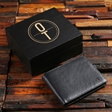 Monogrammed Black Leather Wallet in Personalized Black Wood Box