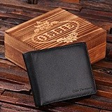 Personalized with Name Leather Wallet in Wood Box (Black or Brown)