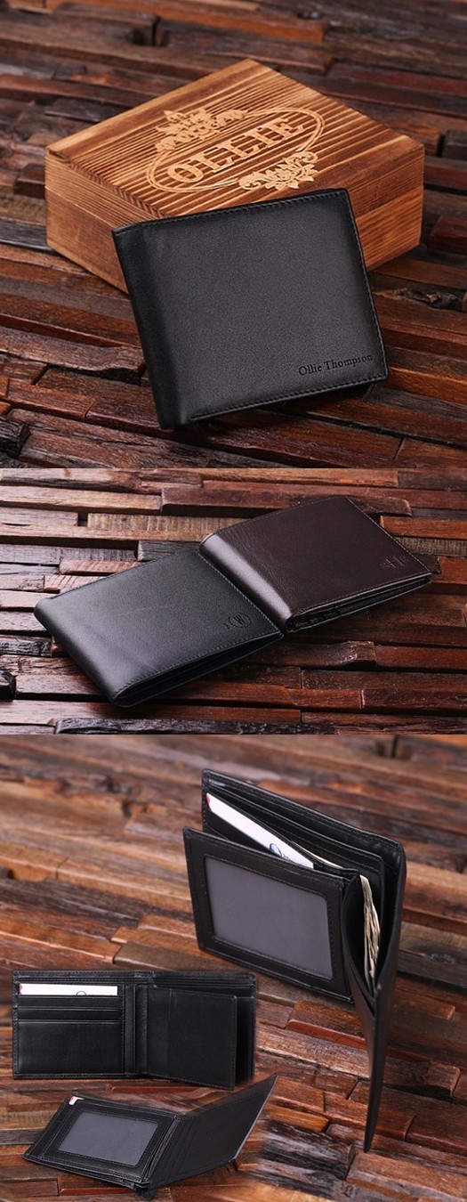Personalized with Name Leather Wallet in Wood Box (Black or Brown)