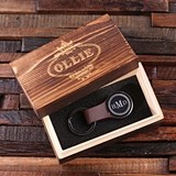 Monogrammed Leather Strap Round Key Chain in Wood Gift-Box (2 Colors)