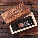 Leather Strap Key Chain w/ Monogrammed Hardware in Wood Box (3 Colors)
