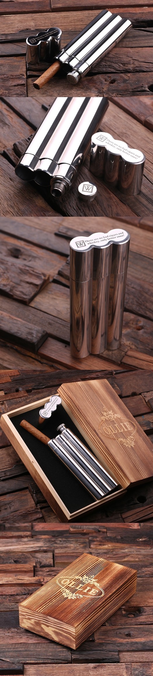 Personalized Stainless Steel Cigar Holder/Flask and Optional Wood Box