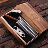 Personalized Stainless Steel Cigar Holder/Flask & Cutter in Wooden Box