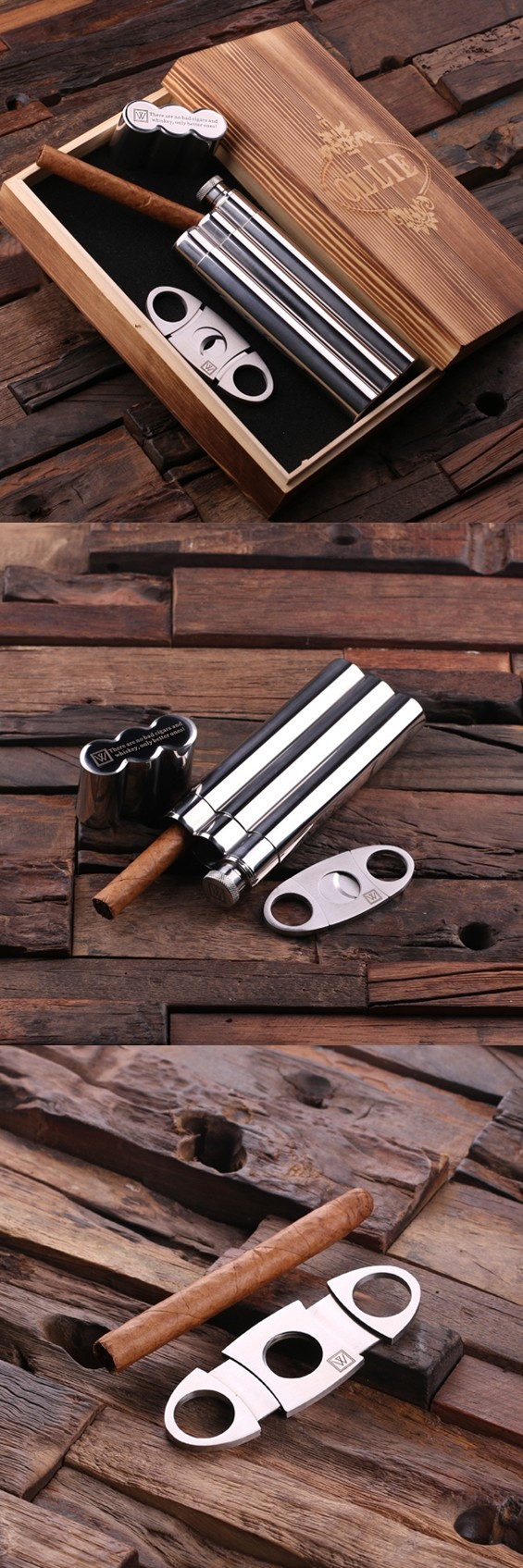 Personalized Stainless Steel Cigar Holder/Flask & Cutter in Wooden Box