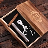 Personalized Stainless Steel Cigar Holder & Fancy Cutter in Wood Box
