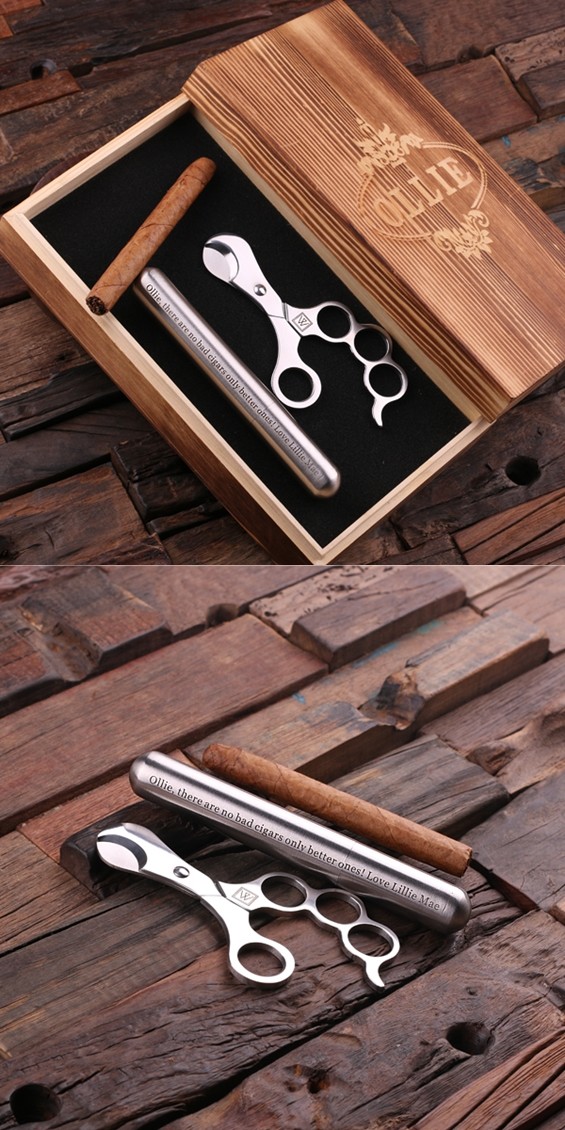 Personalized Stainless Steel Cigar Holder & Fancy Cutter in Wood Box