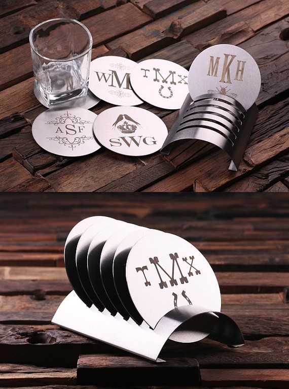 Monogrammed 6 pc Stainless Steel Coasters Set (34 Monogram Designs)