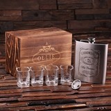 Personalized Steel Flask with Funnel and 4 Shot Glasses in Wooden Box