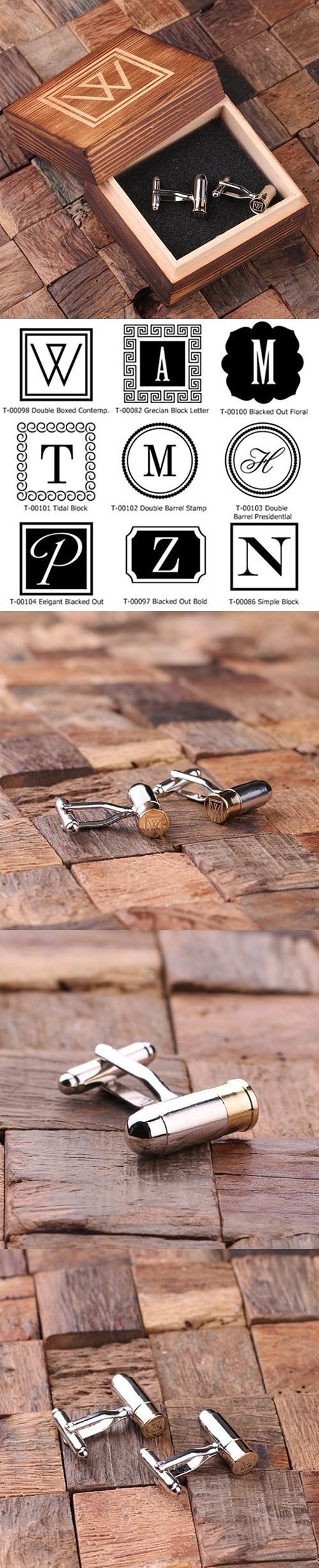 Monogrammed Engraved Bullet Cuff Links in Wood Gift-Box