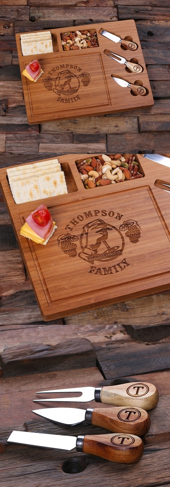 Personalized Bamboo-Wood Cutting Board/Serving Tray with Cheese Tools