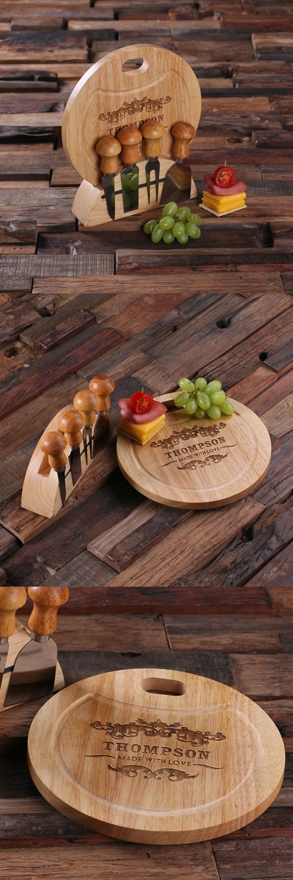 Personalized Bamboo-Wood Round Cheese Serving Board with Tools & Stand
