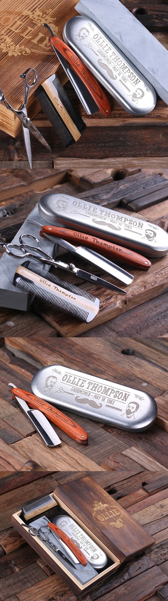 Personalized Barber Grooming Set w/ Straight Razor & Sharpening Stone