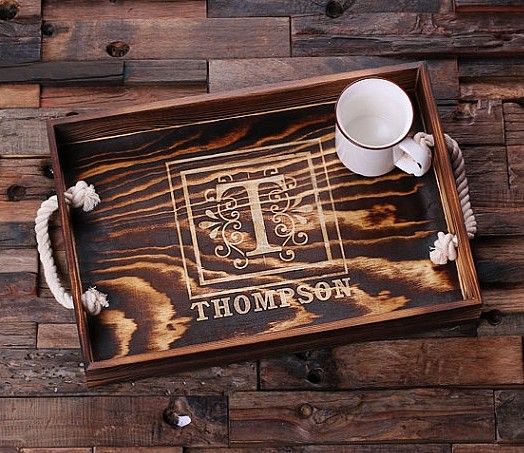 Personalized Engraved Wood Serving Tray with Nautical Rope Handles