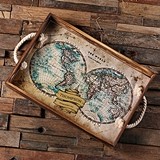 Personalized Vintage World Map Design Rope-Handled Wood Serving Tray