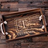 Personalized Engraved Wood Serving Tray with Nautical Rope Handles