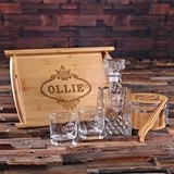 Personalized Wood Tray Set with Decanter, Glasses, Ice Bucket & Tongs