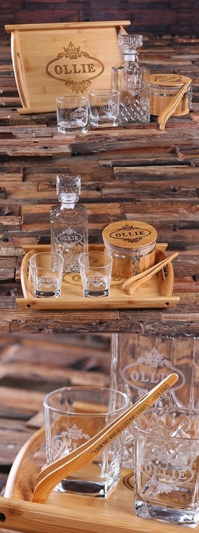 Personalized Wood Tray Set with Decanter, Glasses, Ice Bucket & Tongs