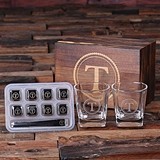 Monogrammed Whiskey Glasses & 8 Stainless Steel Ice-Cubes in Wood Box