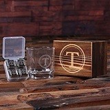 Monogrammed Whiskey Glass & 4 Stainless Steel Ice-Cubes in Wood Box