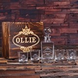 Personalized Scotch Whiskey Decanter and 4 Rocks Glasses in Wood Box