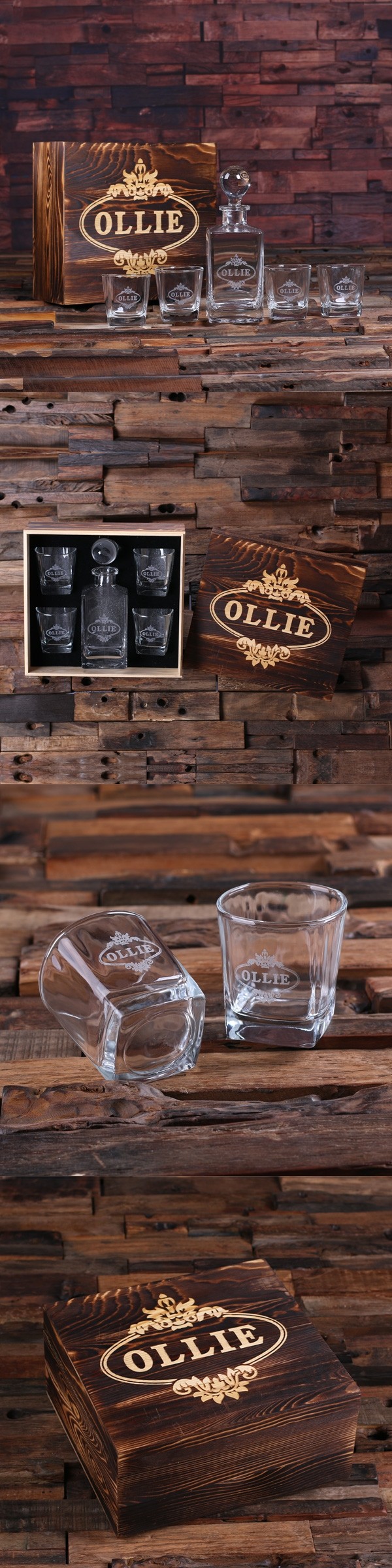 Personalized Scotch Whiskey Decanter and 4 Rocks Glasses in Wood Box