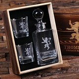 Personalized Medieval Lion Crest Decanter & Rocks Glasses in Wood Box