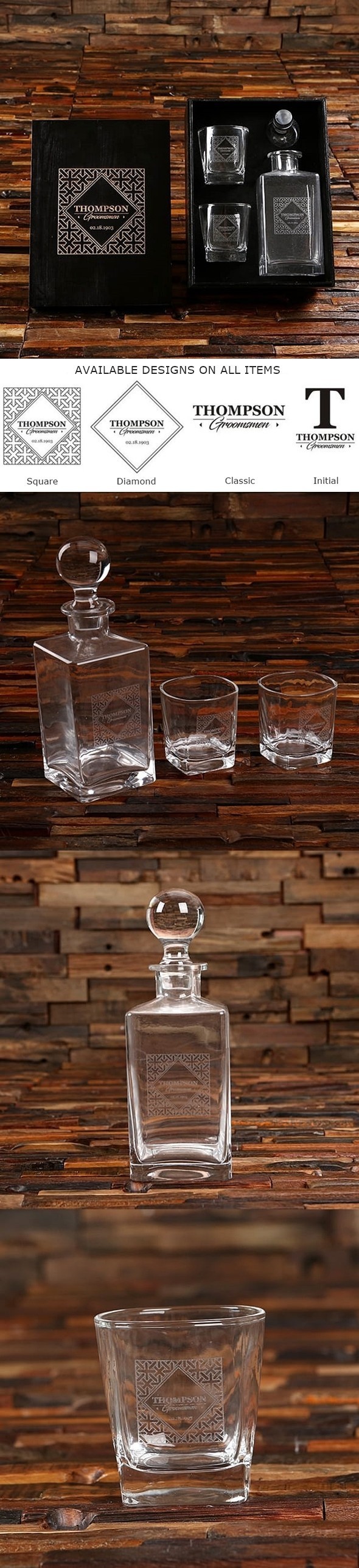 Personalized Whiskey Decanter & Rocks Glasses in Black Finish Wood Box