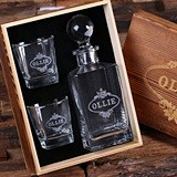 Personalized Whiskey Decanter, Round Lid, 2 Whiskey Glasses & Wood Box
