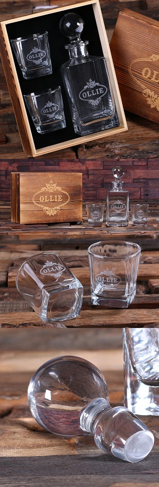 Personalized Whiskey Decanter, Round Lid, 2 Whiskey Glasses & Wood Box