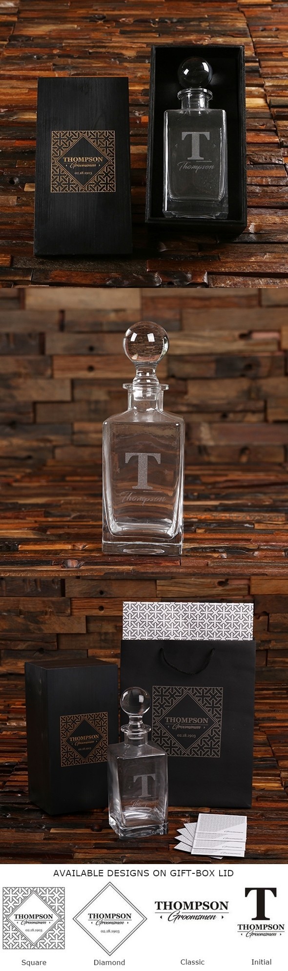 Personalized Whiskey Decanter Groomsmen Gift in Black Finish Wood Box