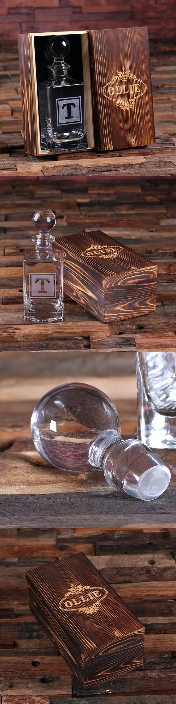 Personalized Whiskey Decanter with Domed Stopper in Wood Gift Box