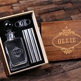 Personalized Decanter with Cigar Cutter and Holder, Flask and Wood Box