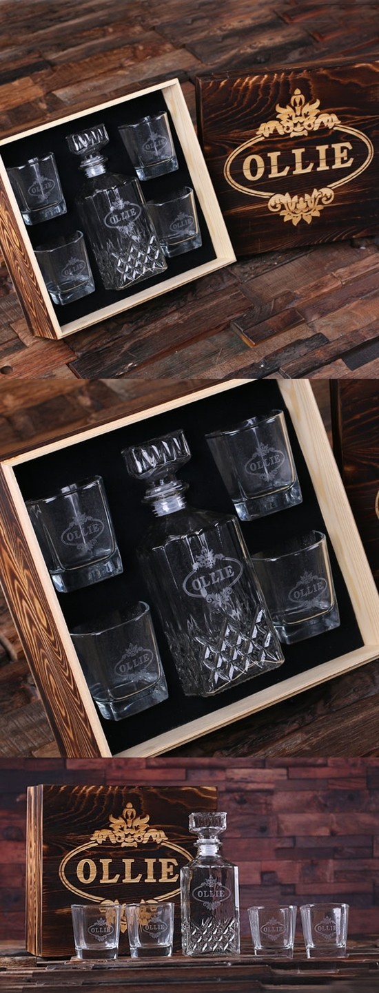 Personalized Whiskey Decanter, Whiskey Rocks Glasses and Wood Gift-Box
