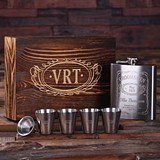 Monogrammed Steel Flask with Funnel & 4 Metal Shot Glasses in Wood Box