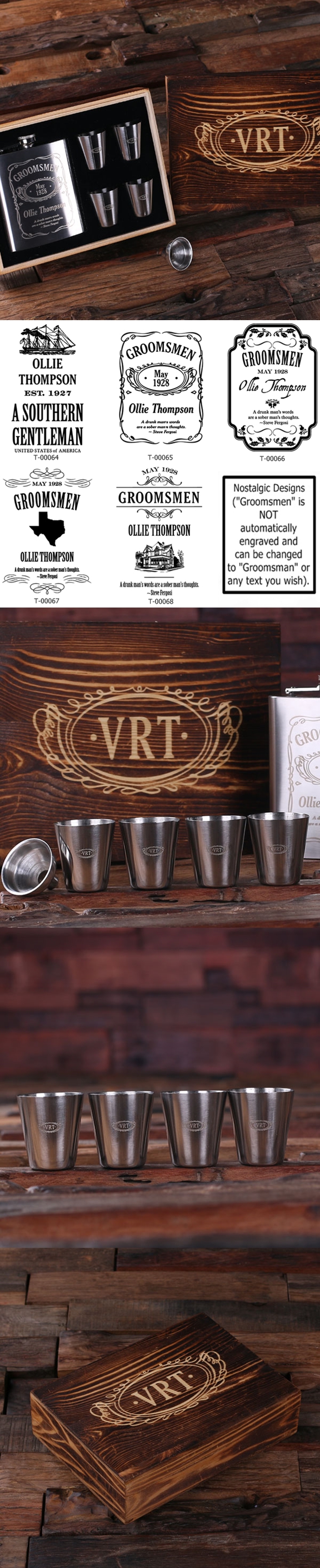 Monogrammed Steel Flask with Funnel & 4 Metal Shot Glasses in Wood Box