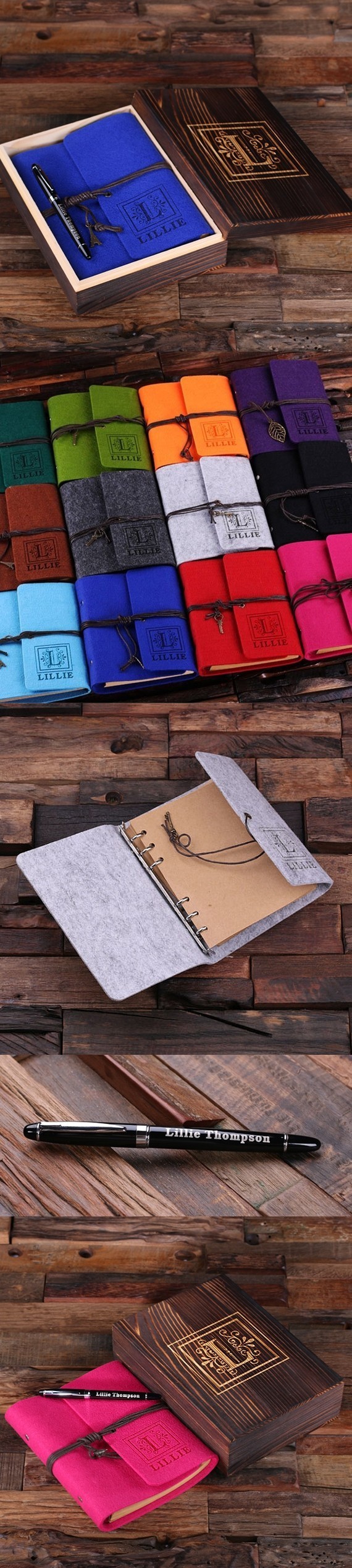 Personalized Felt Journal, Pen and Keepsake Wood Box Set (12 Colors)